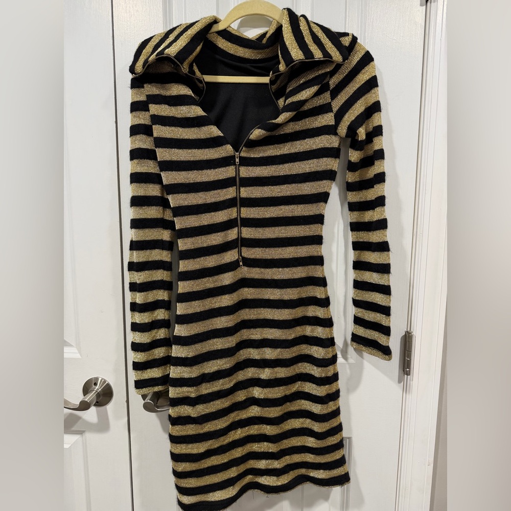 Beulah Black and Gold Striped Long Sleeve Dress